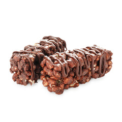 Delicious chocolate puffed rice bars isolated on white