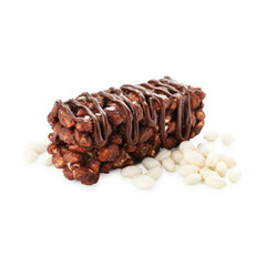 Delicious chocolate puffed rice bar isolated on white