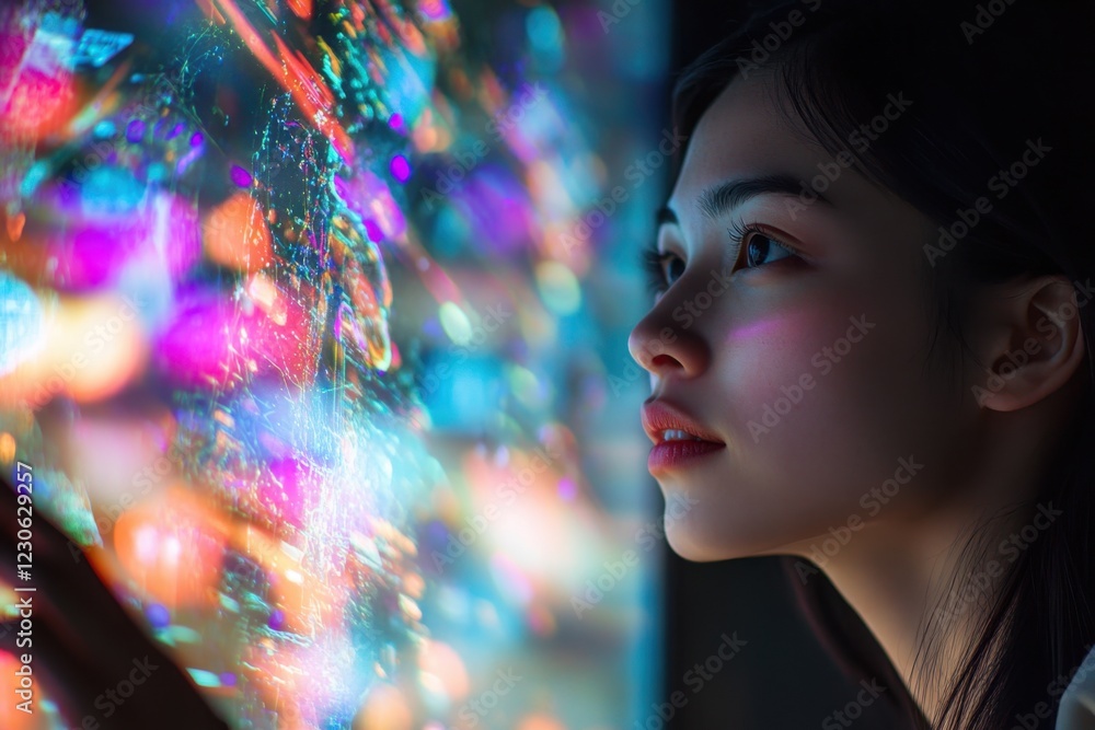 Poster woman explores vibrant light display while mesmerized by colorful reflections and patterns