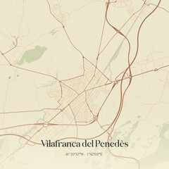 Retro Spanish map of Vilafranca del Pened�s, Catalu�a. Vintage street map.