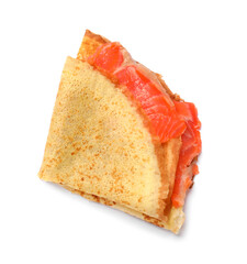Delicious crepe with salmon isolated on white, top view