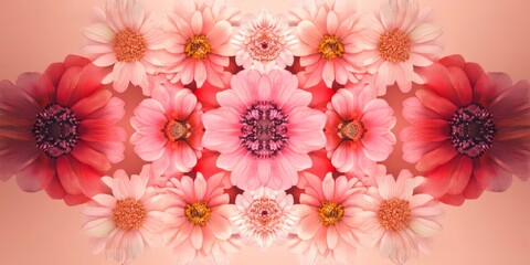 A stunning symmetrical arrangement of pink and red flowers creating a vibrant floral pattern on a soft gradient background.