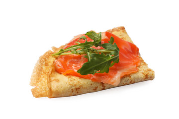 Delicious crepe with salmon and arugula isolated on white