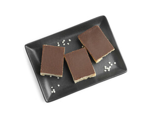 Delicious chocolate puffed rice bars isolated on white, top view