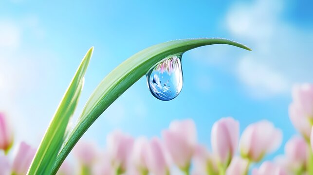 Fototapeta Stunning Dewdrop on Grass Blade with Pink Flowers Background