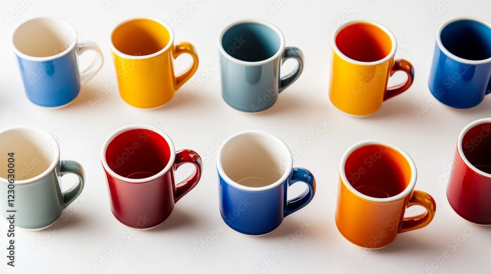 Poster a row of colorful cups are lined up on a white background. the cups are of different colors and size