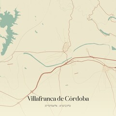 Retro Spanish map of Villafranca de C�rdoba, Andaluc�a. Vintage street map.