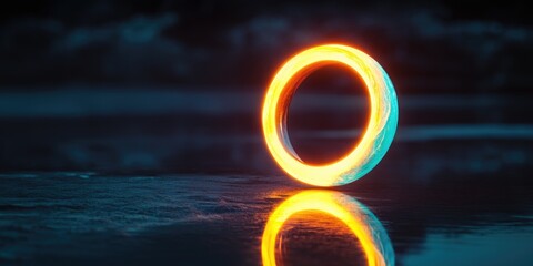 Glowing circular rings reflect in a pool of water under the dark night sky.