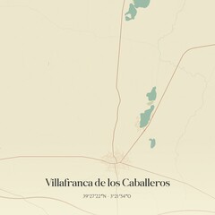 Retro Spanish map of Villafranca de los Caballeros, Castilla-La Mancha. Vintage street map.