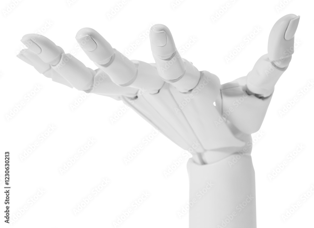 Poster artificial intelligence. robot hand gesturing on white background