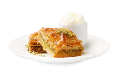Delicious baklava with crushed nuts and ice cream on grey table, closeup