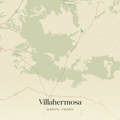Retro Spanish map of Villahermosa, Castilla-La Mancha. Vintage street map.