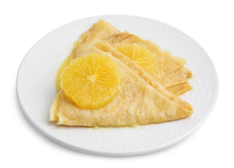 Delicious Crepes Suzette dessert on white background