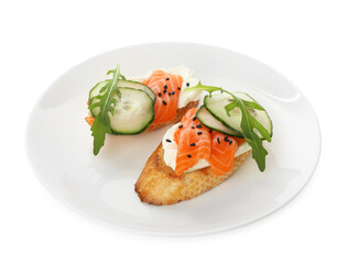Delicious bruschette with cream cheese, salmon and cucumber isolated on white