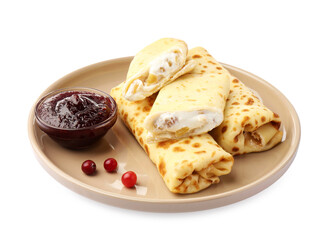 Delicious rolled crepes with cottage cheese, raisins, jam and cranberries isolated on white