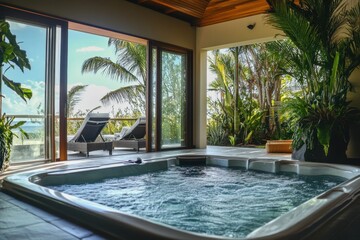 Relaxing getaway with a hot tub surrounded by lush greenery and ocean views