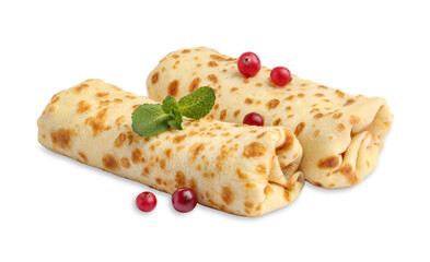 Delicious rolled crepes with cranberries and mint isolated on white