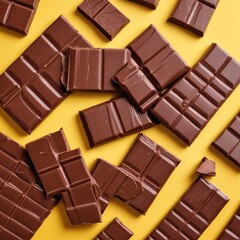 Fototapeta premium Chocolate bars on yellow background, closeup, space for text, copy space 