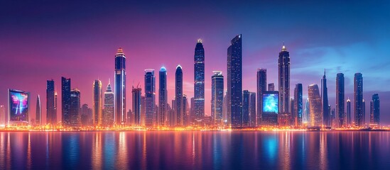 Fototapeta premium Vibrant city skyline at dusk with illuminated skyscrapers reflecting on water surface