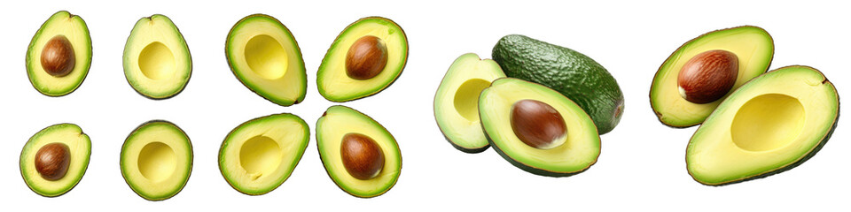 Fresh avocado slice isolated on transparent background, PNG, set of