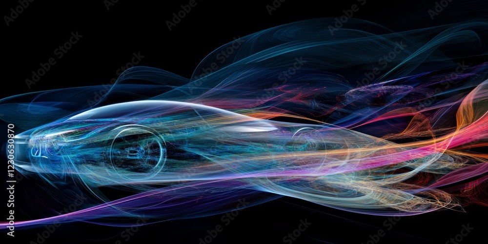Poster dynamic image of a futuristic car with colorful light trails, symbolizing speed and innovation.