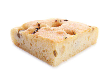 Piece of delicious focaccia bread with olives and thyme isolated on white