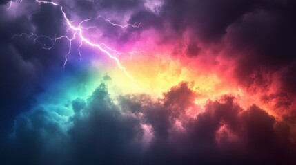 Vibrant Rainbow Clouds and Lightning Strike Across The Sky