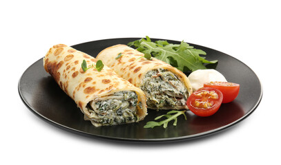 Tasty rolled crepes with cottage cheese, spinach, arugula and tomato isolated on white