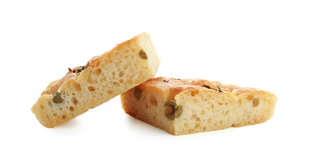 Pieces of delicious focaccia bread with olives and thyme isolated on white