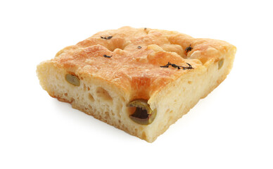 Piece of delicious focaccia bread with olives and thyme isolated on white