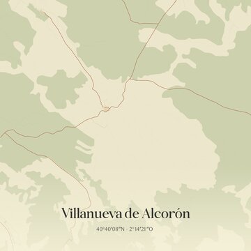 Retro Spanish map of Villanueva de Alcor�n, Castilla-La Mancha. Vintage street map.