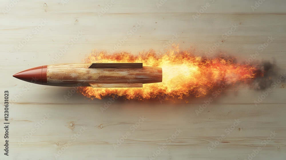 Poster rocket launching with flames and smoke trailing behind against a plain background.