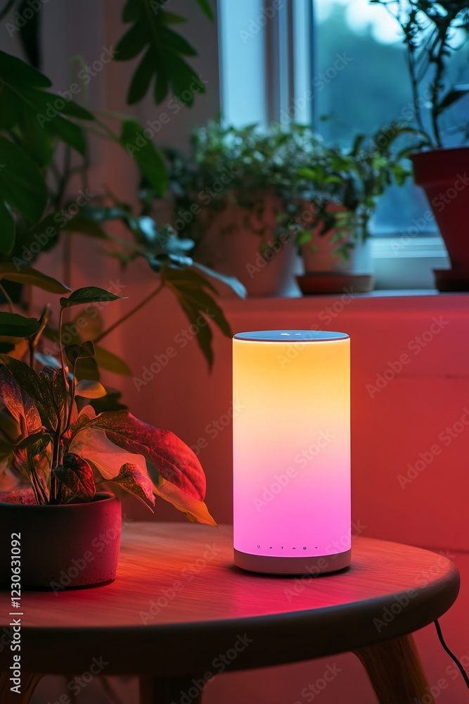 Poster a table with a lamp on it and a plant next to it. the lamp is on a table and has a red, yellow, and 