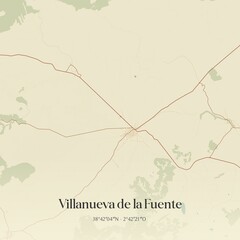 Retro Spanish map of Villanueva de la Fuente, Castilla-La Mancha. Vintage street map.