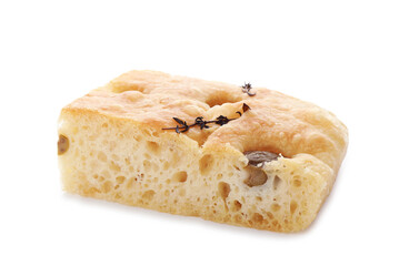 Piece of delicious focaccia bread with olives and thyme isolated on white