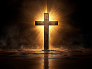 Naklejka premium A glowing cross reflected in calm water, symbolizing faith, hope, and spirituality.