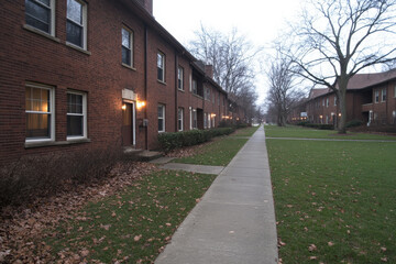 Fototapeta premium A row of brick buildings with a sidewalk in between