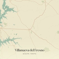 Retro Spanish map of Villanueva del Fresno, Extremadura. Vintage street map.