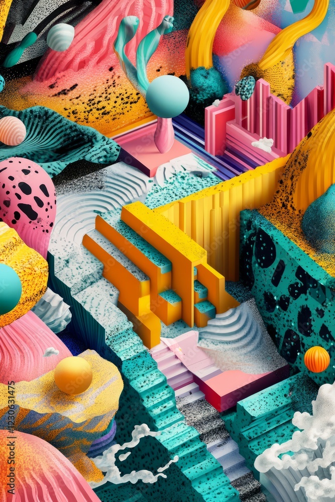 Poster a colorful abstract landscape featuring geometric shapes and dynamic patterns in a surreal artistic 