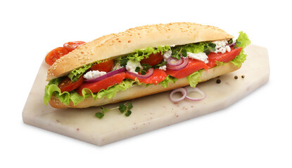 Delicious baguette sandwich with salmon isolated on white