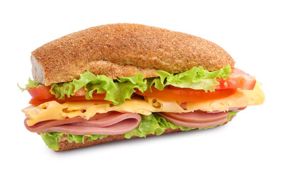 Delicious baguette sandwich with ham isolated on white