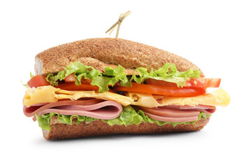 Delicious baguette sandwich with ham isolated on white