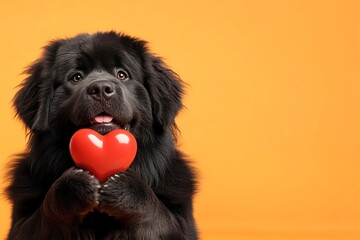 Fototapeta premium Cute newfoundland pup with furry friend toy red heart - emblem of love, funny greeting card. Newfoundland - my preferred dog. Marketing layout. Heart and paw valentine. Pet love and friendship.