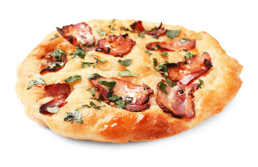 Delicious focaccia bread with bacon and parsley isolated on white