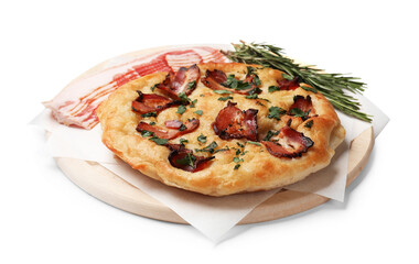 Delicious focaccia bread with bacon, parsley and rosemary isolated on white