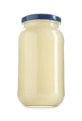 Tasty mayonnaise sauce in glass jar isolated on white