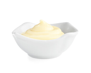 Tasty mayonnaise sauce in bowl isolated on white