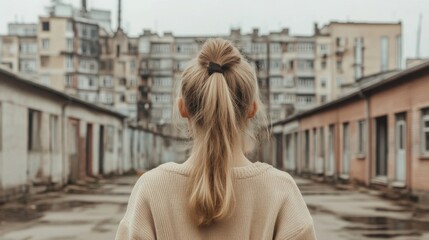 Woman with blonde ponytail facing urban buildings.