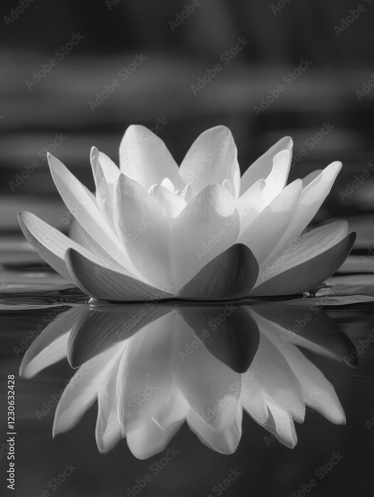 Fototapete white water lily floating serenely on still water with reflection at twilight. generative ai