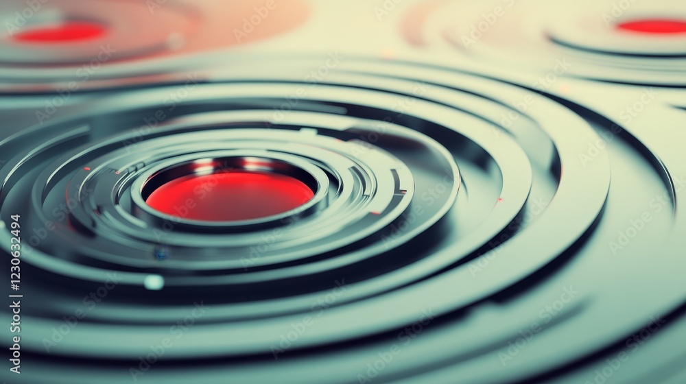 Poster captivating abstract design featuring concentric circles and a striking red center with smooth metal